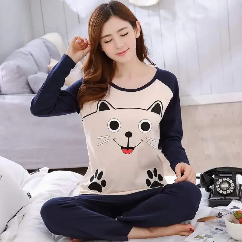 Women Autumn Thin Bear And Cat Print Pajama Set i l