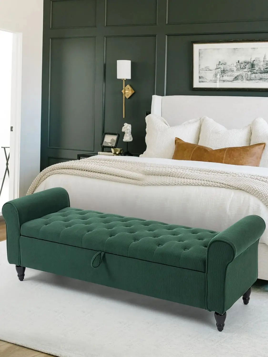 63in Tufted Storage Ottoman Bench Upholstered End of Bed Bench With Hidden Storage & Rolled Arms gray