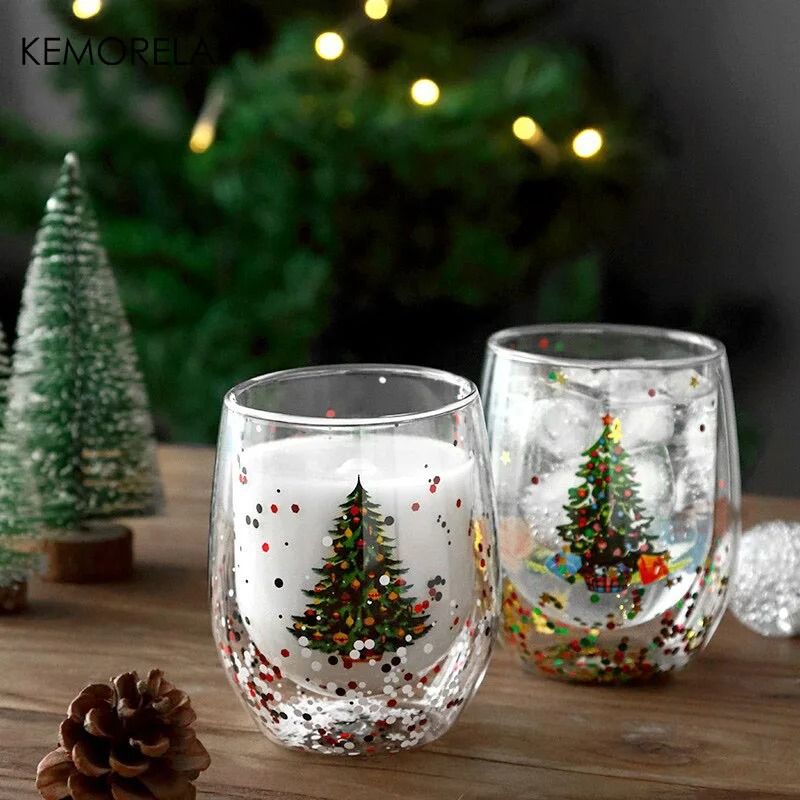 Double Wall Christmas Glass Mug Heat Resistant Holiday Coffee Cup white 300 Ml