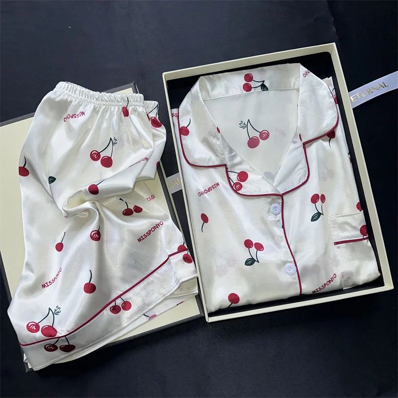 Women Cherry Print Satin Style Pajama Set With Top And Shorts a m