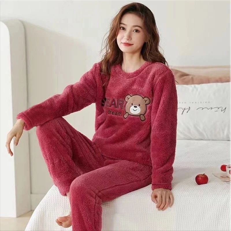 Women Winter Thick Flannel Coral Velvet Bear Pajama Set apricot xl(60 70kg)