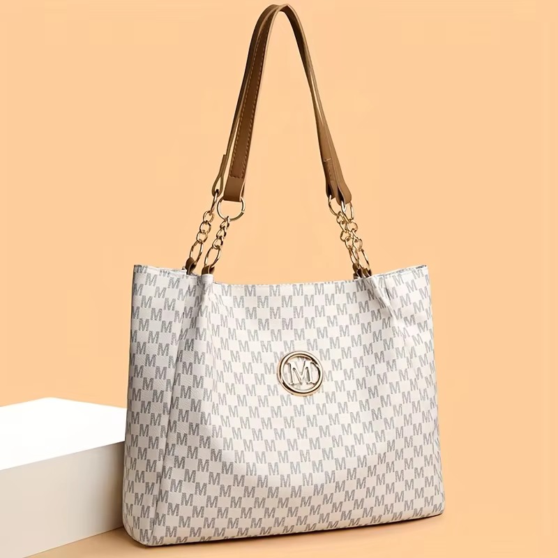 Vintage Geometric Tote Bag Synthetic Leather Shoulder Bag For Women Large Capacity Travel & Shopping Handbag white