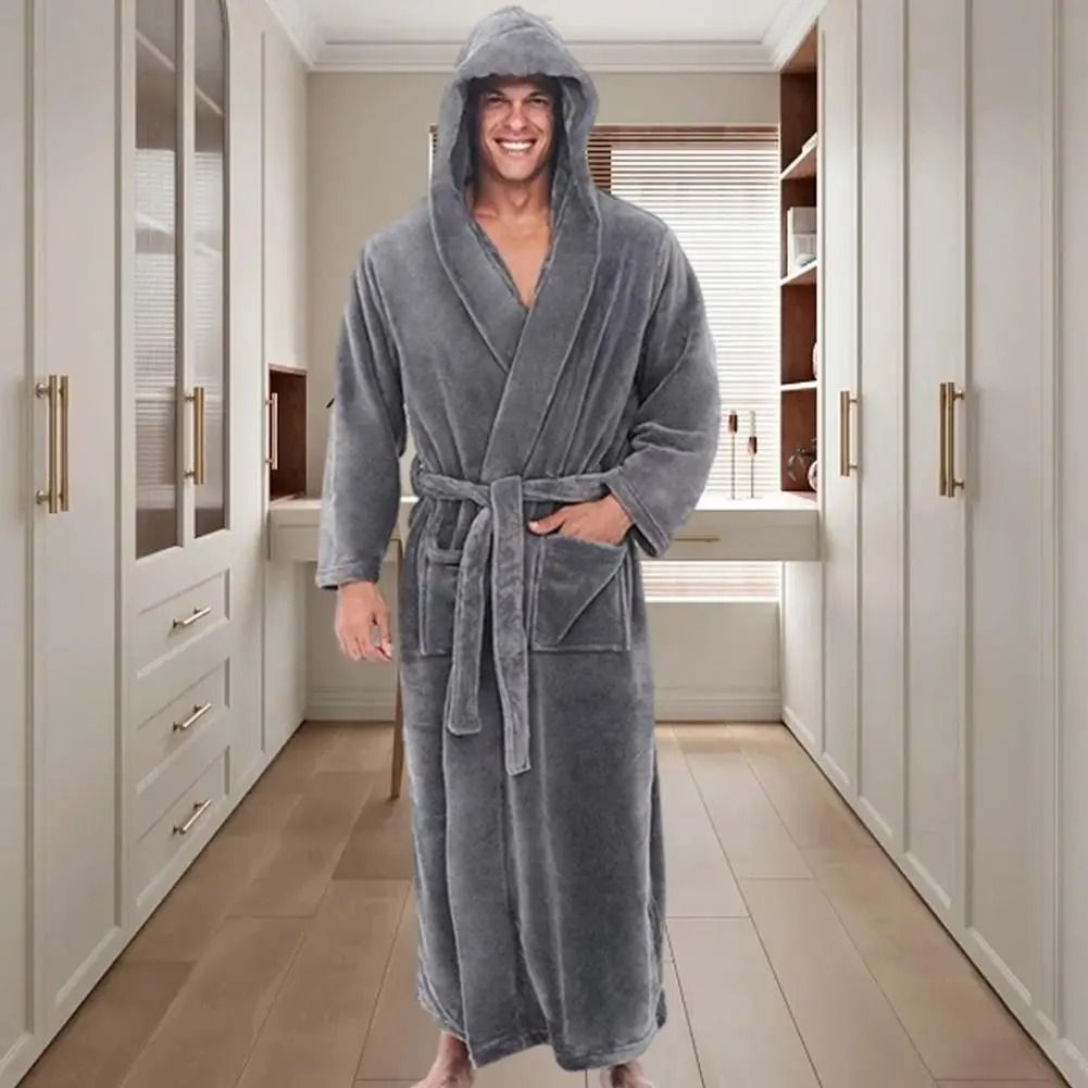Mens Hooded Flannel Long Bathrobe Soft Fluffy Home Gown white l
