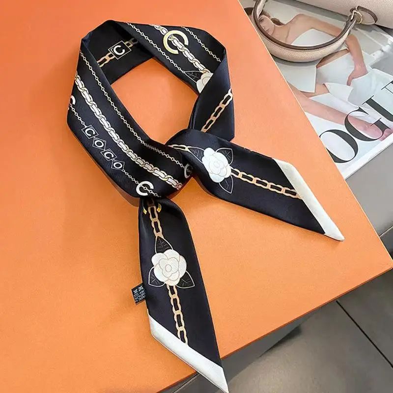 Elegant Black & White Silk Twilly Scarf Double Sided French Ribbon Hair & Bag Accessory b