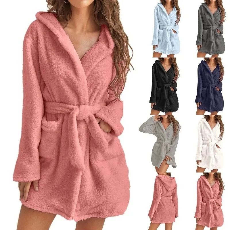 Winter Fluffy Plush Hooded Dressing Gown Warm Bathrobe For Women dark Gray m