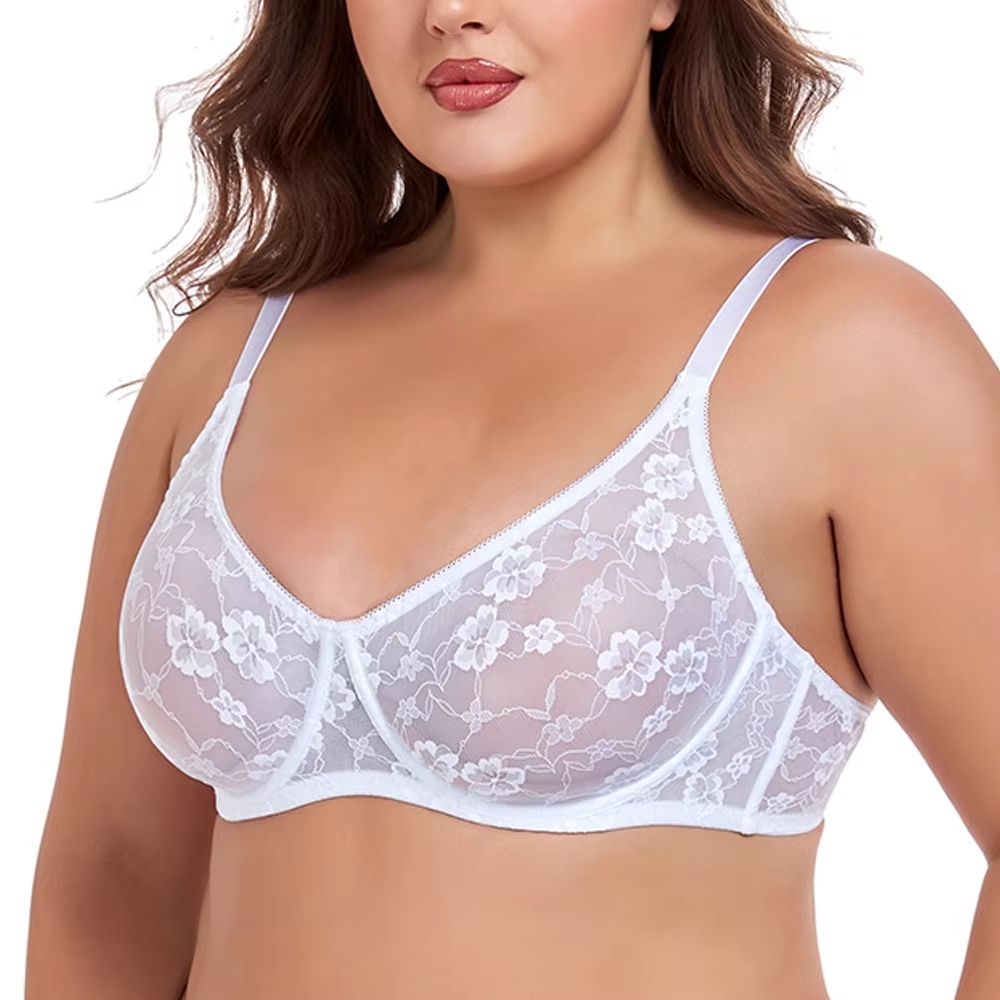 Sheer Lace Plus Size Underwire Bra For Women BF Cup white 90f(us 40f)