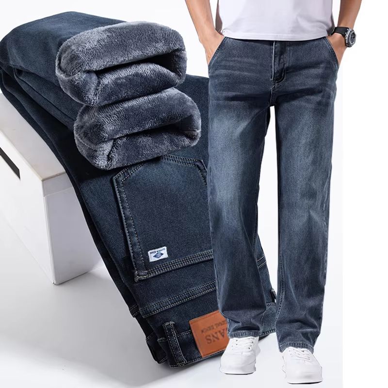 Men's Winter Warm Fleece Lined Stretch Jeans Casual Business Trousers light Blue Non Fleece 36