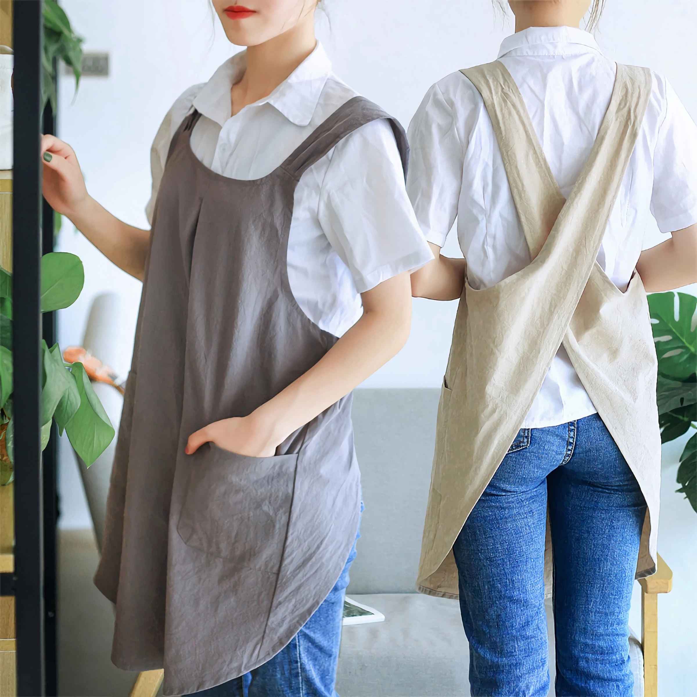 Cotton Linen Cross Back Apron For Women, Korean Florist Dress, Baking Wrap, Solid Color Garden Apron gray