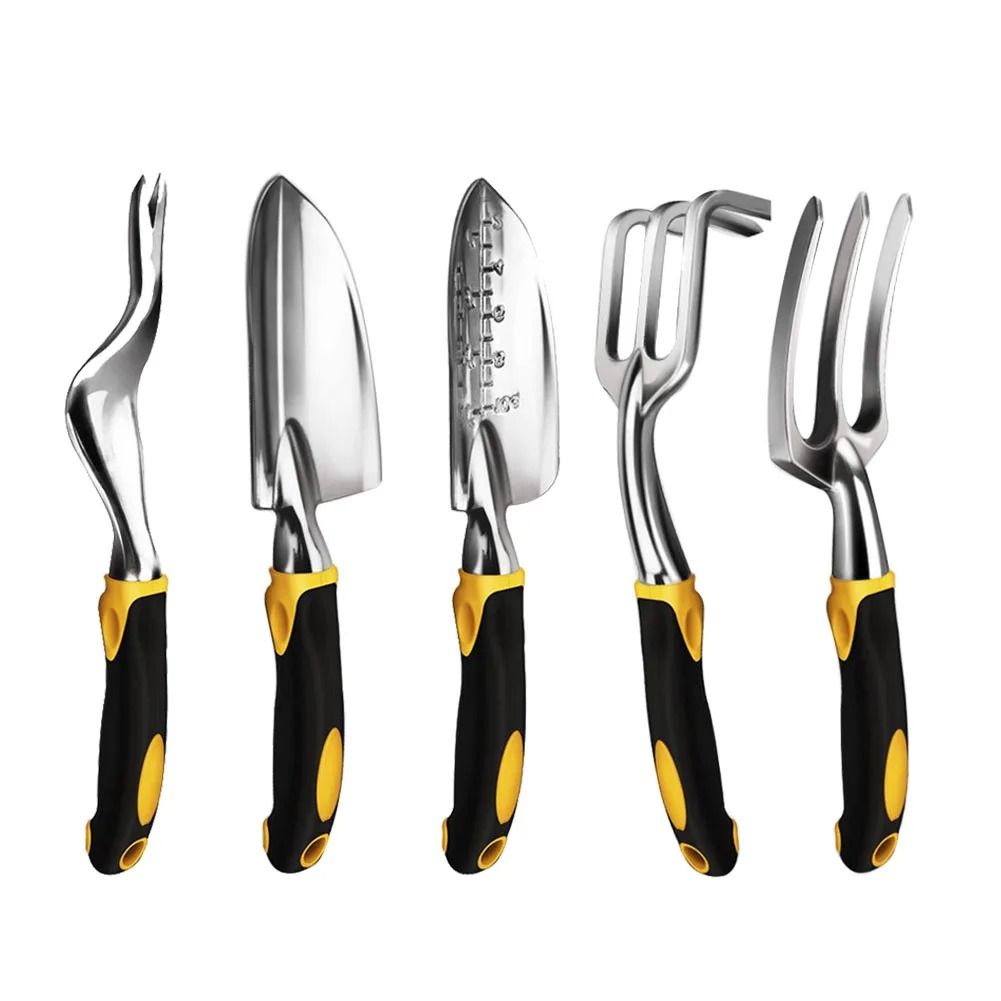 Professional Heavy Duty Garden Hand Tool Set Ergonomic Trowel, Rake, Cultivator, & Weeder For Bonsai And Farmland 5 Pcs