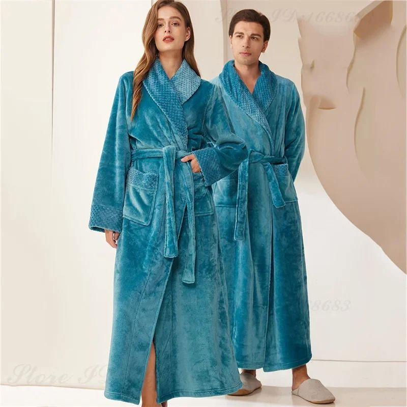 Autumn Winter Thicken Coral Fleece Robe Warm Flannel Couple's Long Gown & Premium Lounge Wear women Pink Robe 3xl