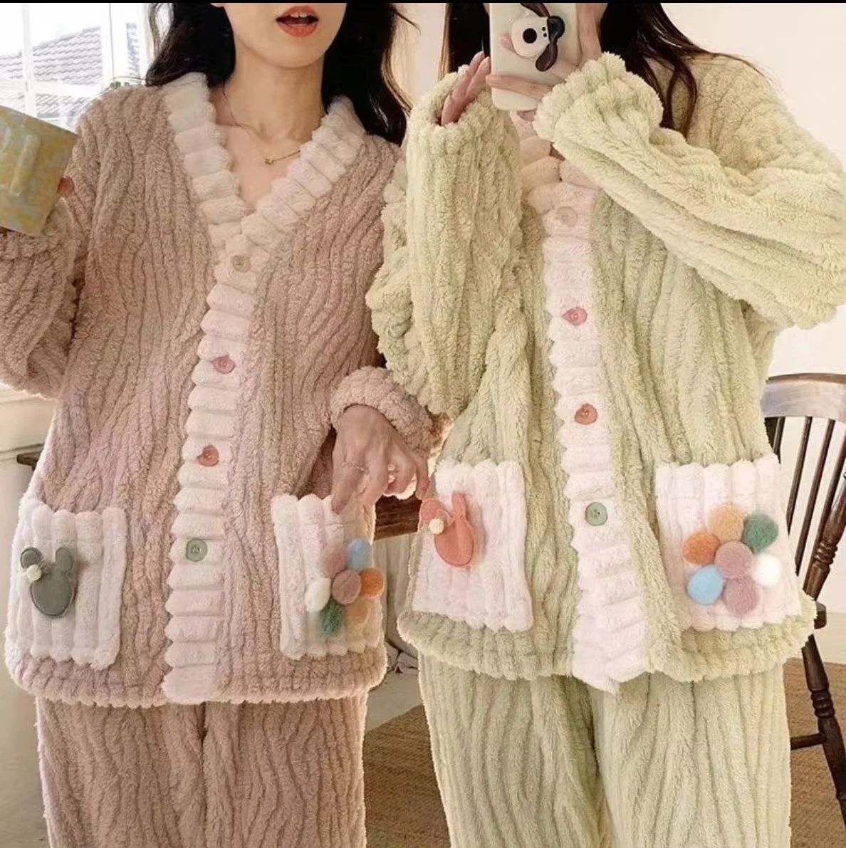 Women Thick Warm Flannel Winter Pajama Set With Cardigan pink one Size