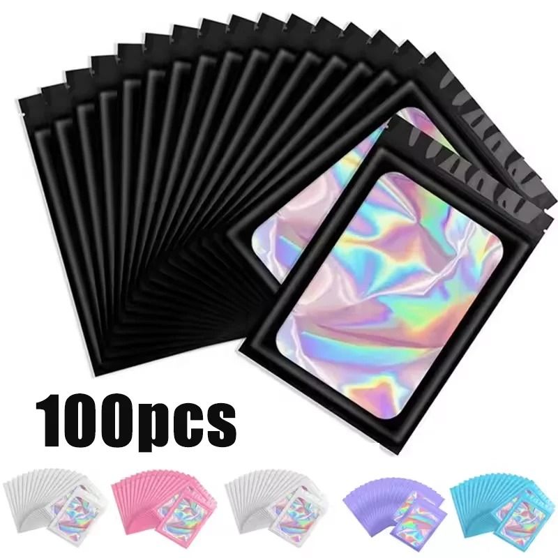 Holographic Iridescent Ziplock Bags Laser Finish Display Pouches pink 3.9 X 5.9 In