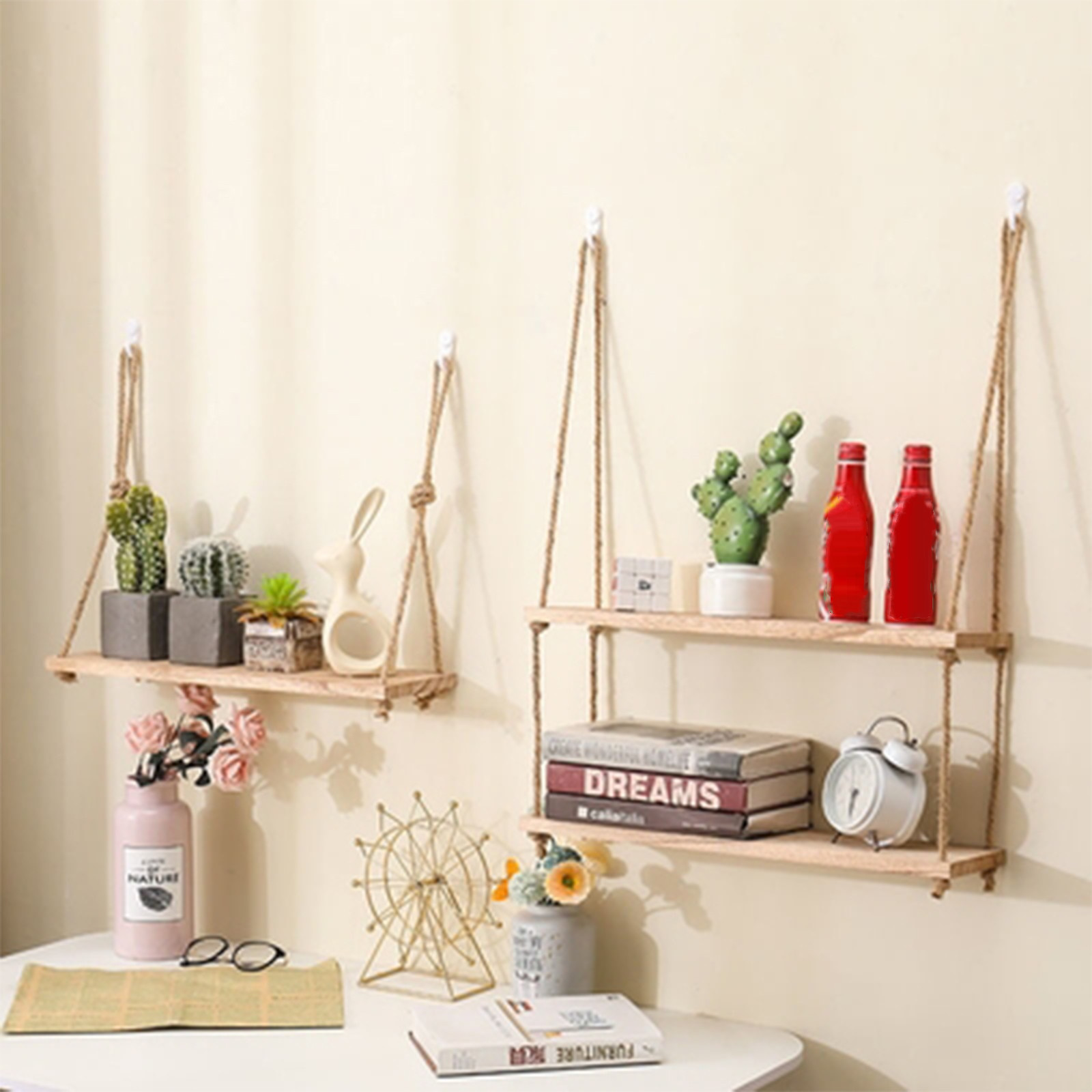 Wooden Floating Wall Shelf With Hanging Rope Ideal For Plants And Home Decor 2 tiers