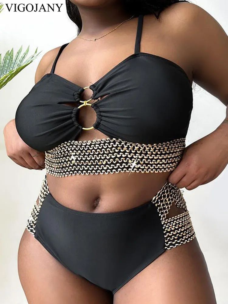 VigoJany Patchwork Hollow Plus Size Bikini Set black 1xl