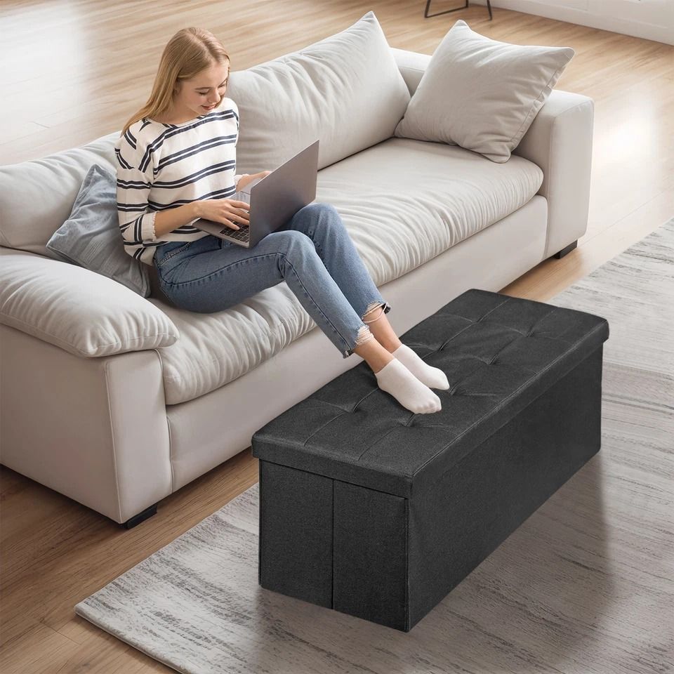 Black Folding Ottoman Bench, Sturdy Foot Stool, Cozy Storage Chest, Collapsible Footrest For Home Black Folding Ottoman Bench, Sturdy Foot Stool, Cozy Storage Chest, Collapsible Footrest For Home