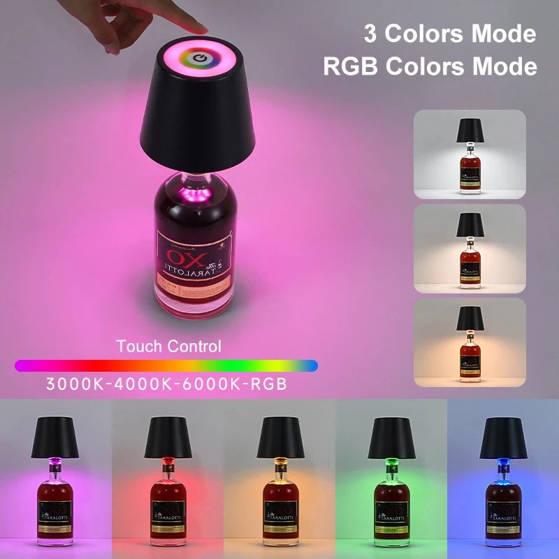 Rechargeable LED Wine Bottle Table Lamp With Touch Control & RGB Dimmable Light For Restaurants And Outdoor Parties style A Black 3 Colors Mode