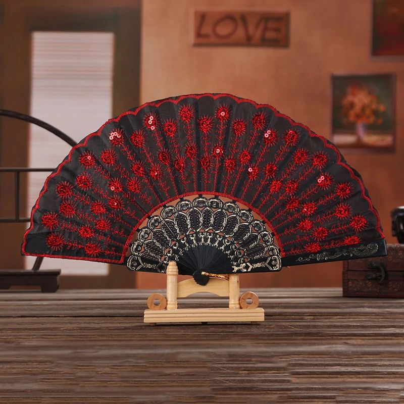 Chinese Style Embroidered Folding Hand Fan orange
