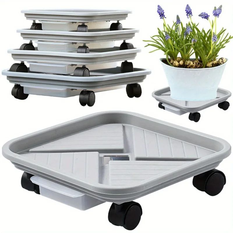 Rolling Plant Caddy With Drainage Tray Square Wheeled Flower Pot Mover & Garden Plant Stand 10.24 In