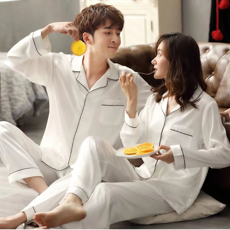 Silk Satin Couples Pajama Set Luxury Long Sleeve Button Down Sleepwear For Women And Men grey M xl