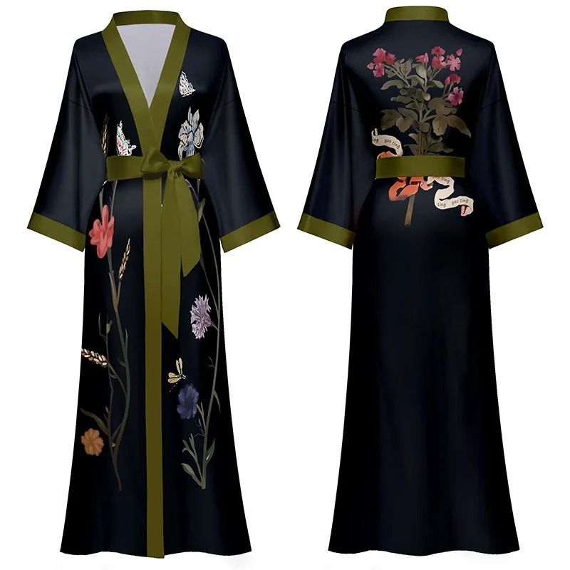 Black Floral Print Long Robe Set Professional Rayon Kimono & Sexy Summer Nightgown Loungewear pink Flower