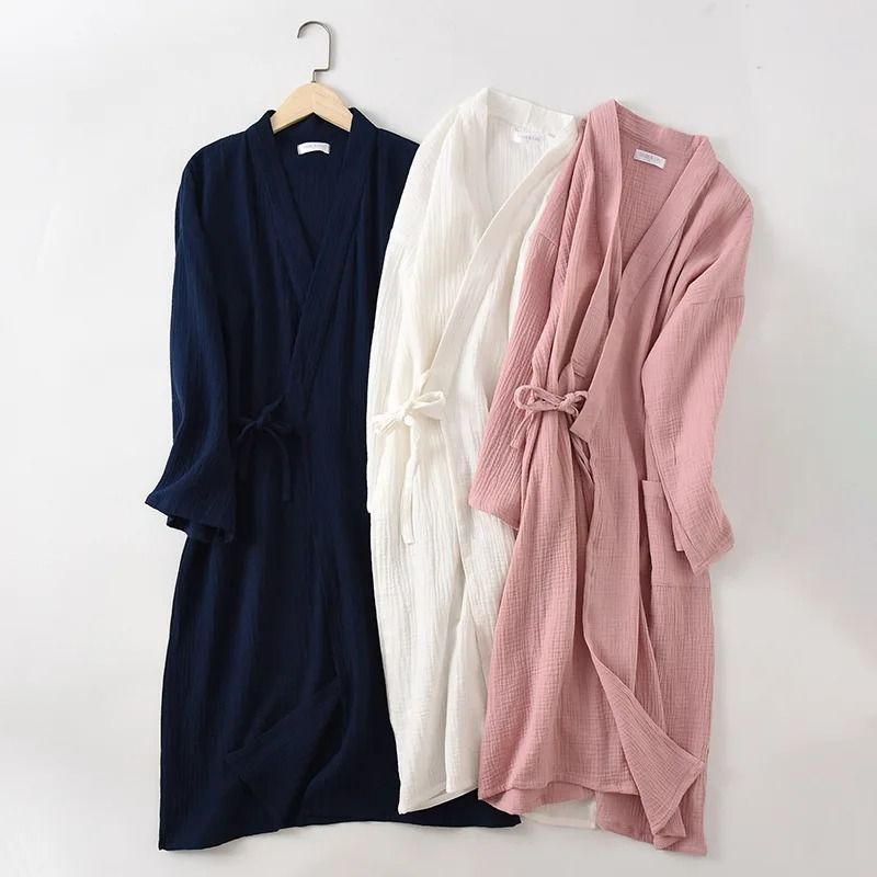 Japanese Cotton Crepe Kimono Robe Professional Couple's Bathrobe & Breathable Spring Autumn Sleepwear brick Red (women) 2xl