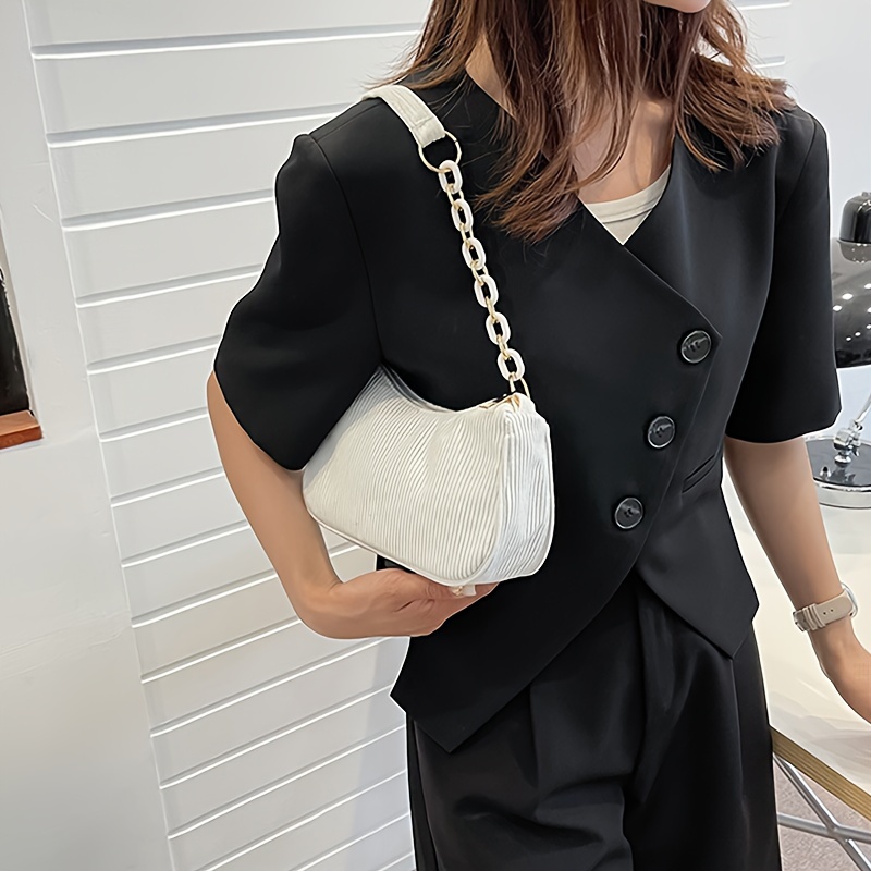 Chic Mini Corduroy Chain Handbag Casual Solid Color Shoulder Purse For Women pink