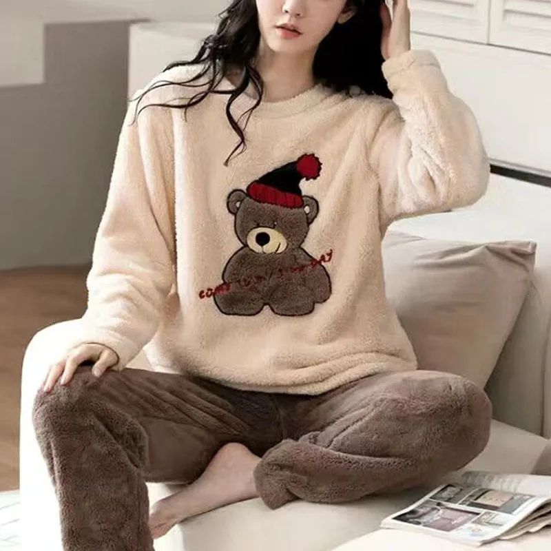 CozyBear Coral Fleece Pajama Set Thick Warm Womens Winter Pajamas With Cute Bear Design m(40 50kg)