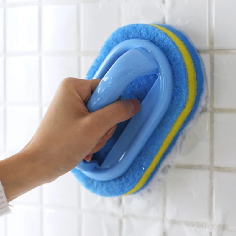 Durable Household Cleaning Brush With Handle For Kitchen & Bathroom Scrubbing Sponge Tool blue