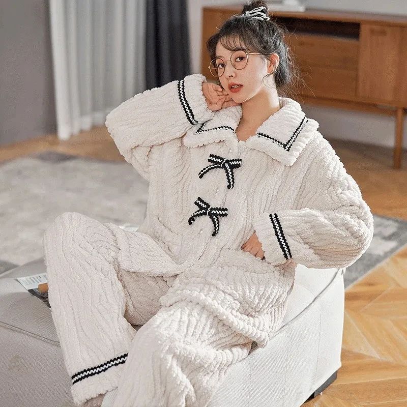 Women Autumn Winter Thick Warm Pajama Set 2 Pieces white 2xl(us 12)