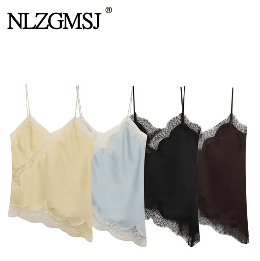 NLZGMSJ 2025 Lace Embellished Camisole Off Shoulder Sleeveless Summer Top as Picture l(us 08 10)