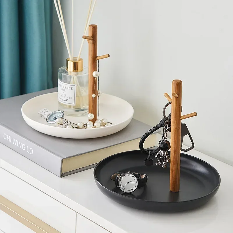 Nordic Bamboo Tree Branch Storage Tray Elegant Jewelry Display & Key Hanger For Living Room & Desktop Organization oval white