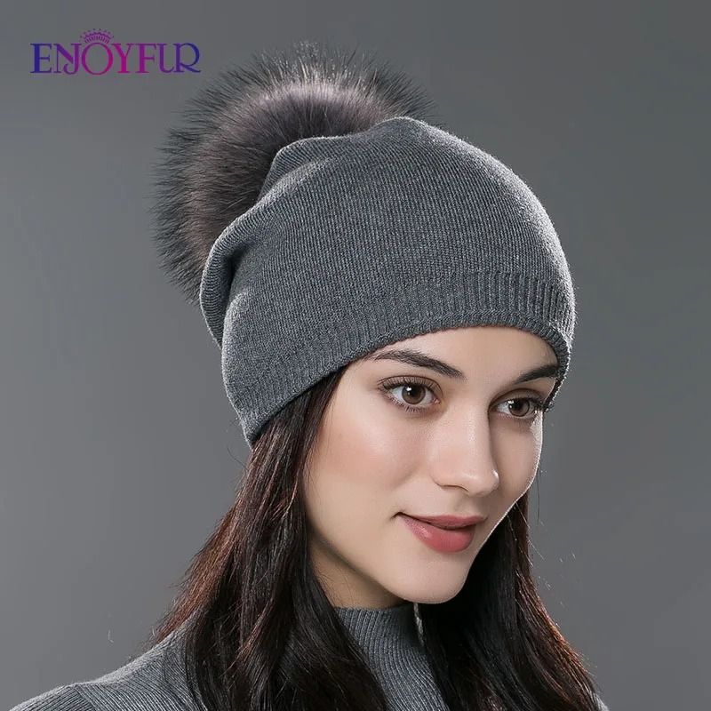Wool Knit Beanie With Real Fur Pom Pom dark Grey