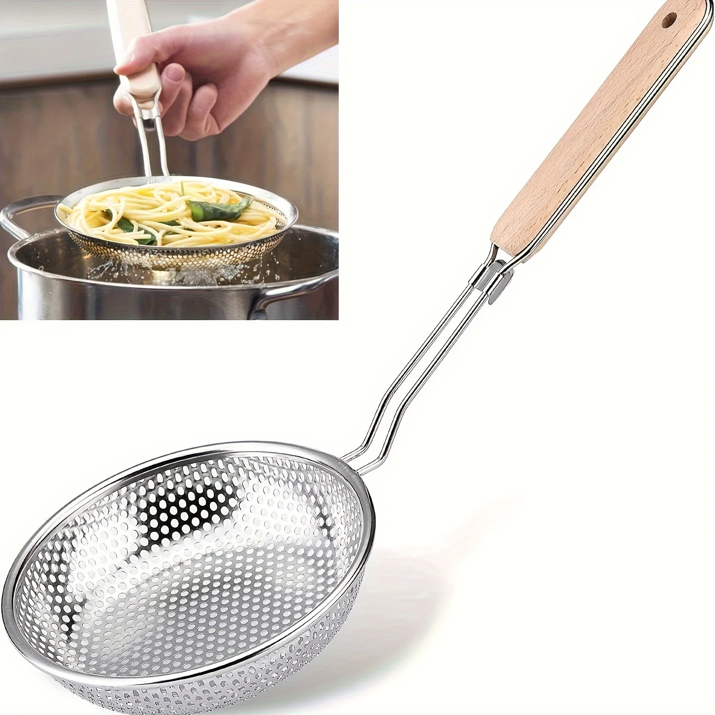 Stainless Steel Colander With Wooden Handle Fine Mesh Skimmer Spoon For Cooking And Pasta Noodles Stainless Steel Colander With Wooden Handle Fine Mesh Skimmer Spoon For Cooking And Pasta Noodles