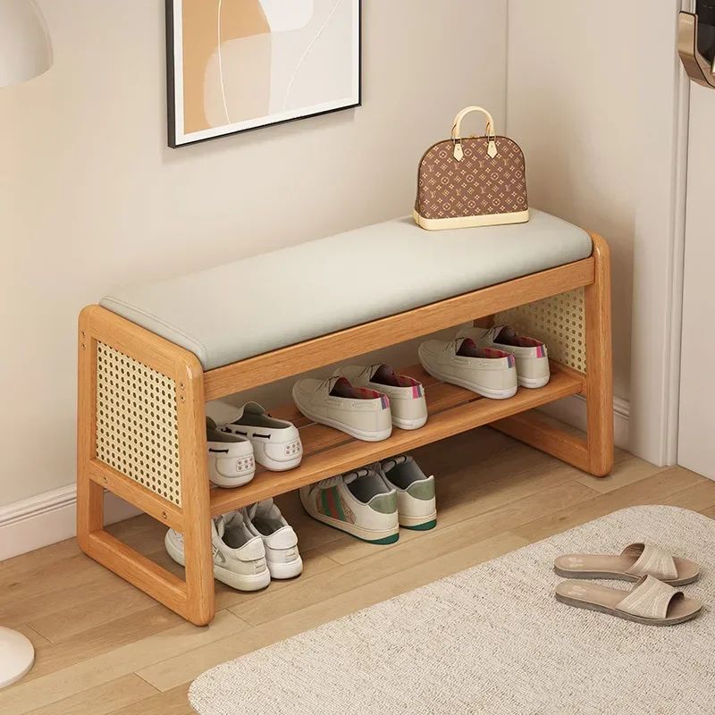 Teng Solid Wood Woven Shoe Bench Multi Layer Entryway Shoe Changing Stool With Storage white 100cm