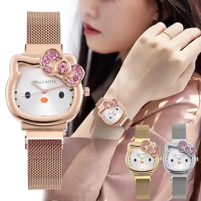 Hello Kitty Crystal Bow Magnet Watch Fashionable Sanrio Anime Quartz Timepiece For Girls & Fans silver