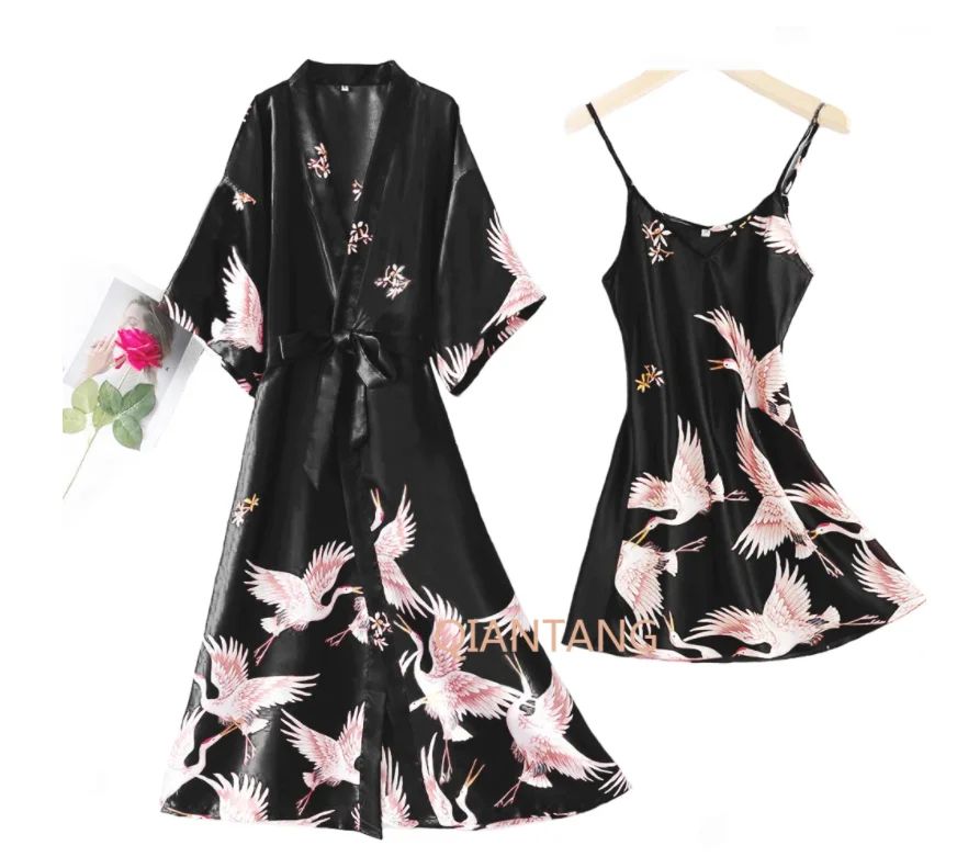 SilkLuxe 2 Piece Satin Pajama Set With Robe For Women black short Set m
