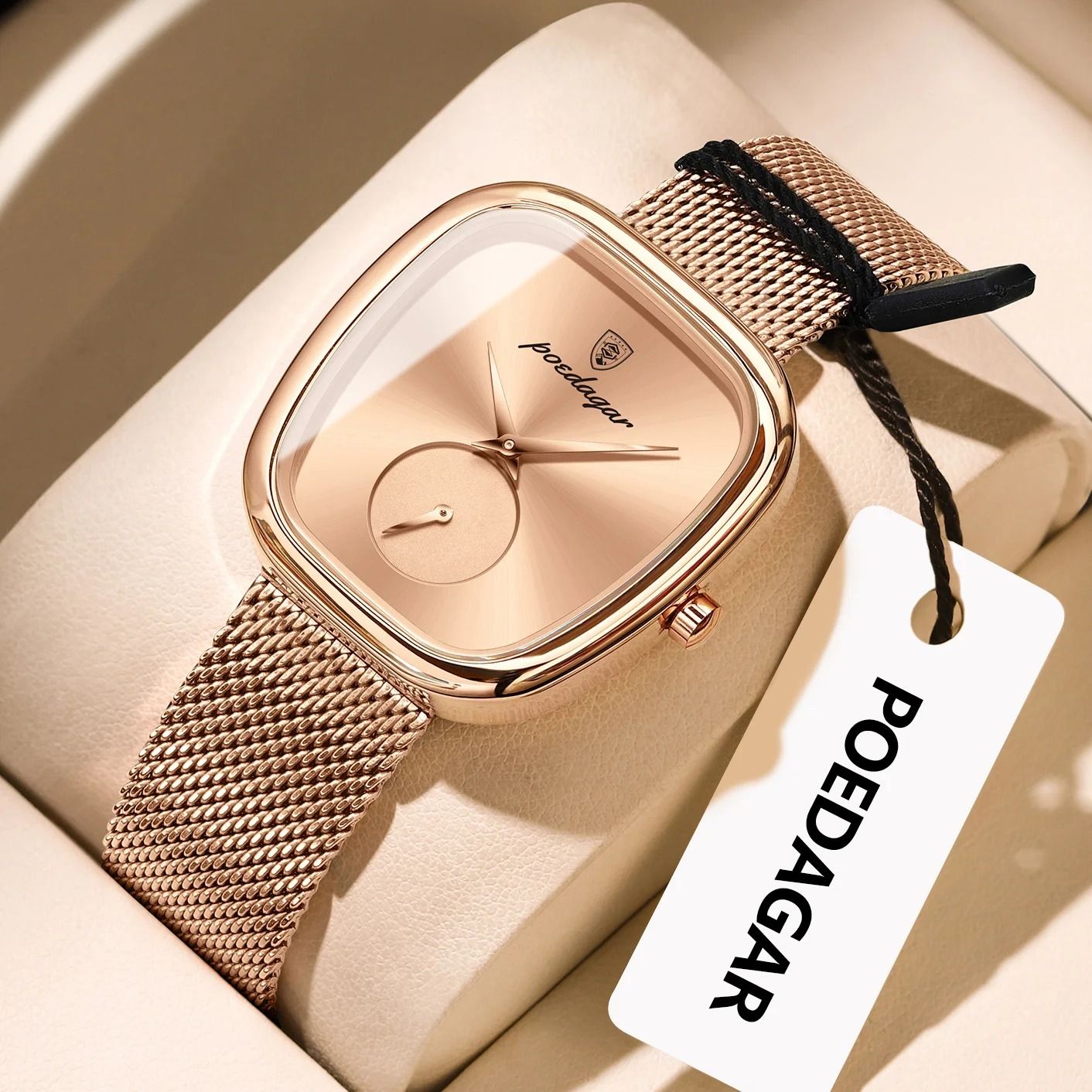 Stainless Steel Mesh Luxury Watch Modern Waterproof Quartz Wristwatch For Fashion Forward Women rose Gold Blue