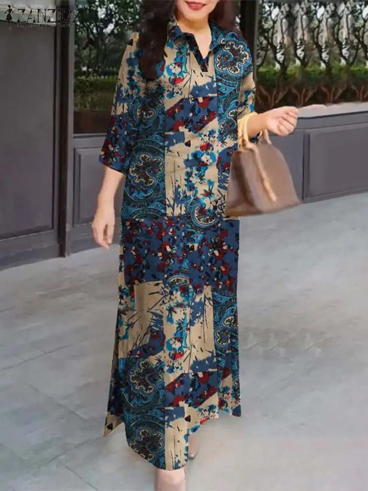 ZANZEA Vintage Floral Cotton Maxi Shirt Dress Oversized Autumn Lapel Sundress red xxl(us 14)