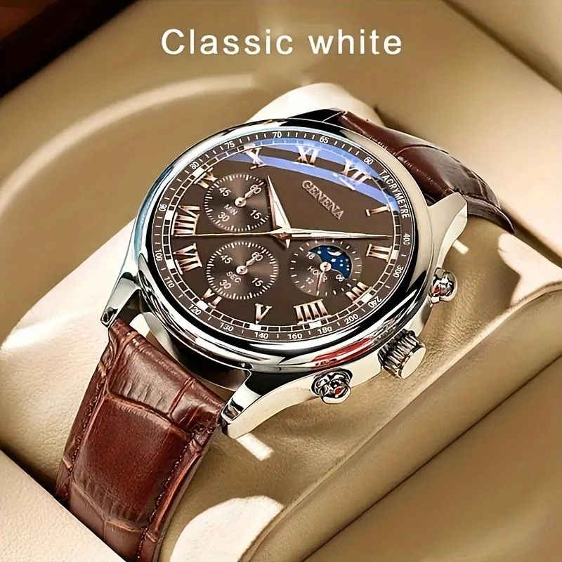 GENEVA Round Business Mens Quartz Watch With Luminous Dial & Leather Strap 2pcs