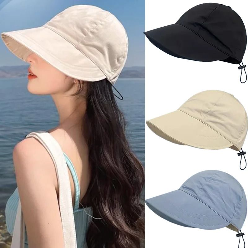 Womens Foldable Wide Brim Sun Hat Adjustable Summer Beach Bucket Cap beige