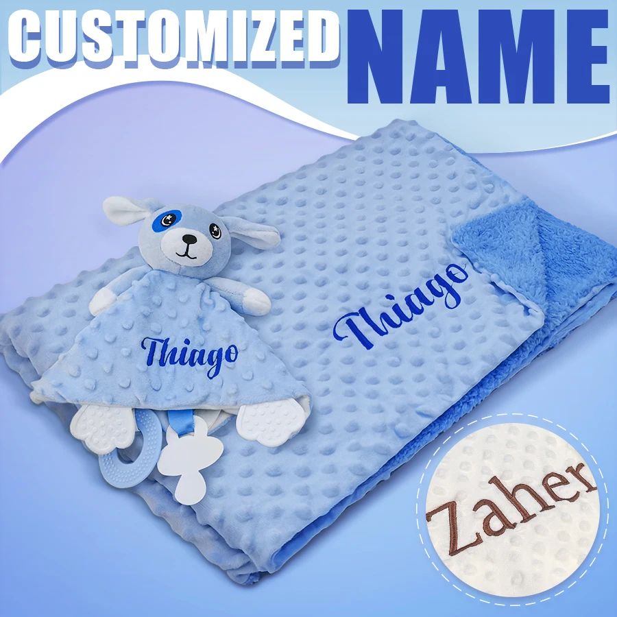 Personalized Newborn Baby Blanket Custom Name Stroller Sleeping Animal Security Towel Gift Set grey Bear + Lavender Blanket