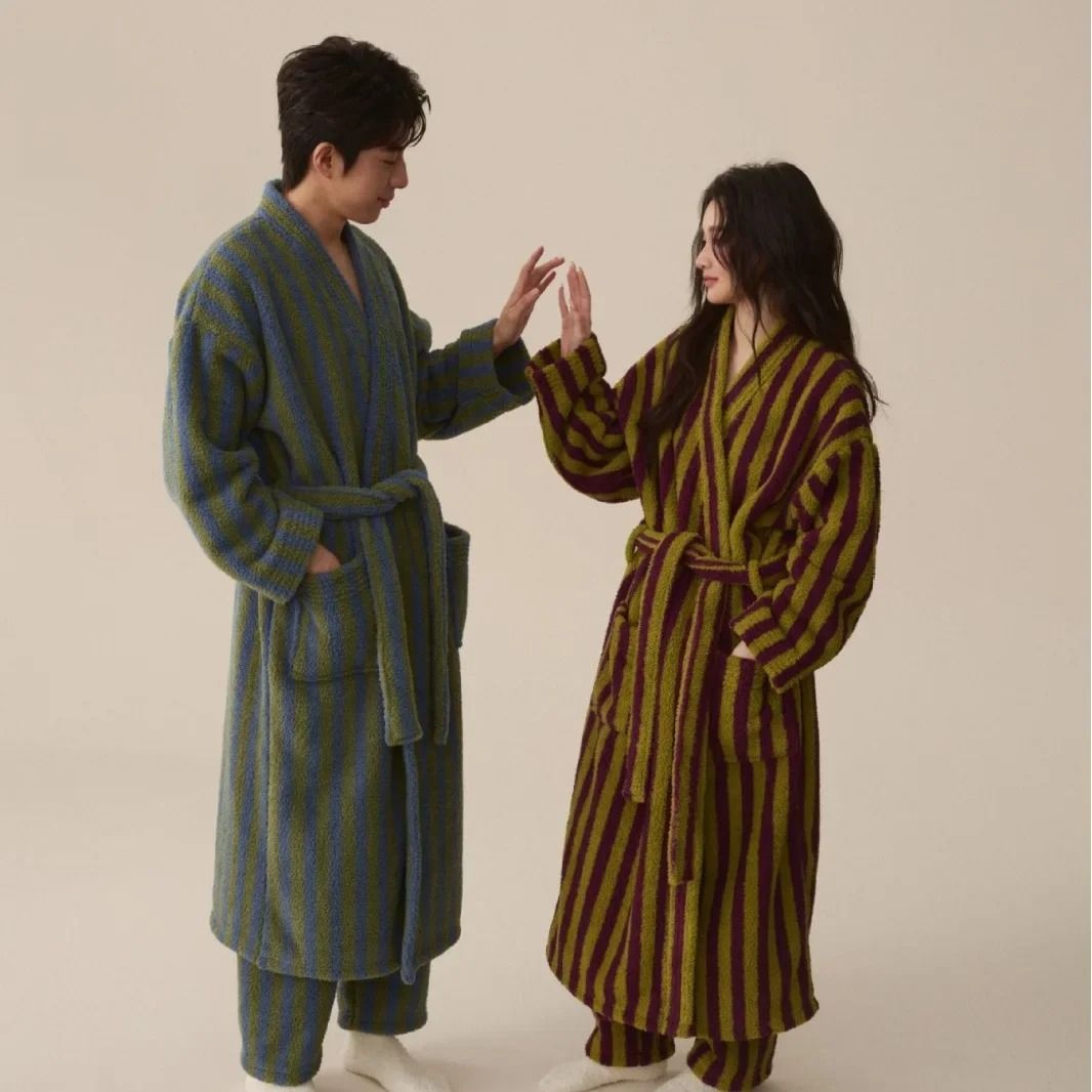Thickened Flannel Robe & Pants Pajamas Set Professional Autumn Winter Striped Couples Home Clothes women Robe Pants C l