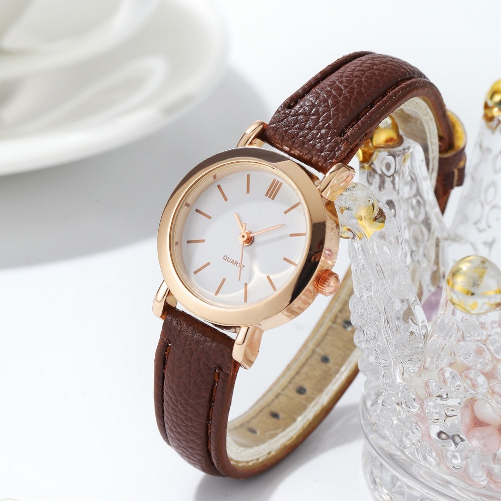 Fashionable Small Dial Womens Quartz Watch With Casual Leather Band brown White