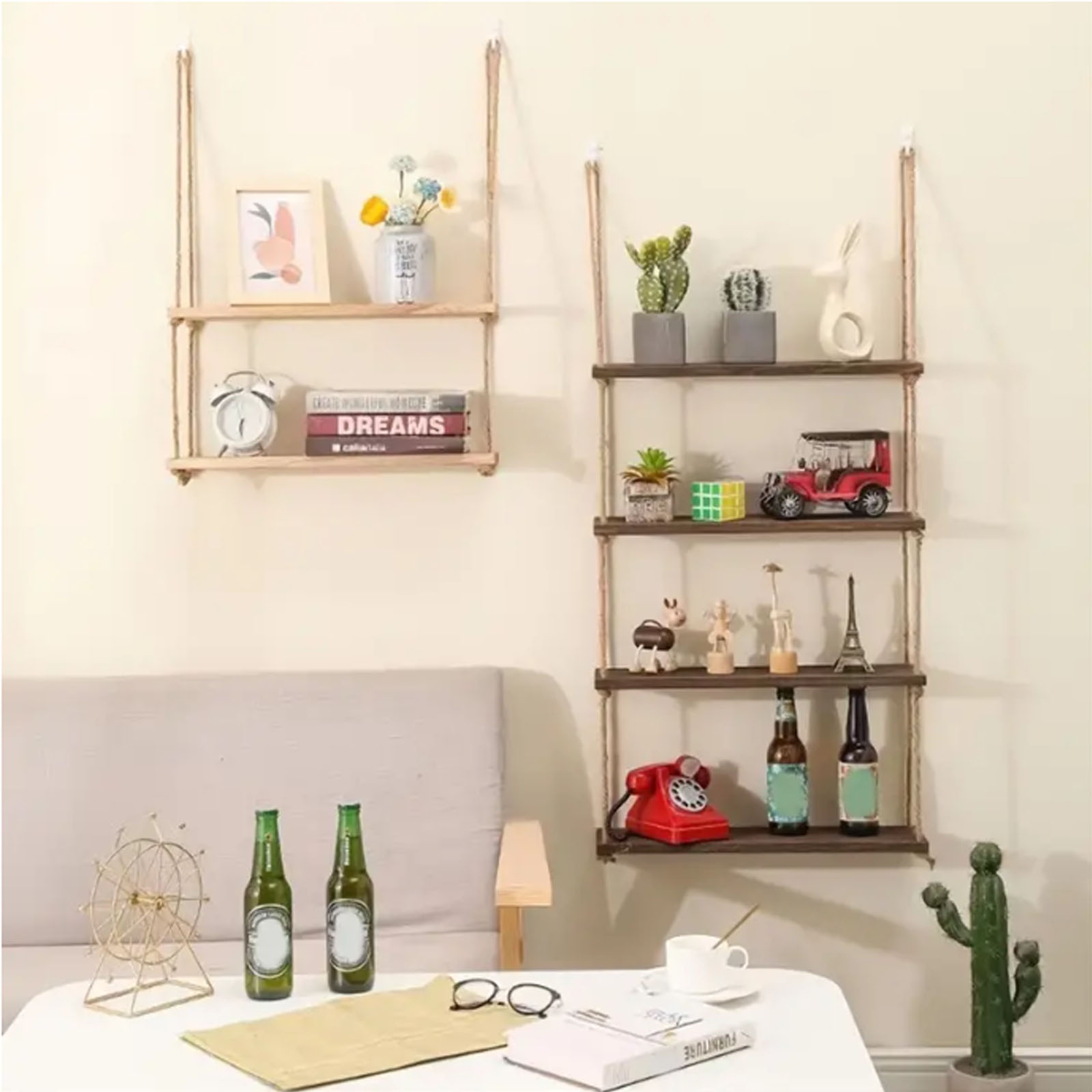 Wooden Floating Shelves With Rope Hanging For Wall Storage, Living Room Decor, Plant & Flower Display 1 tier
