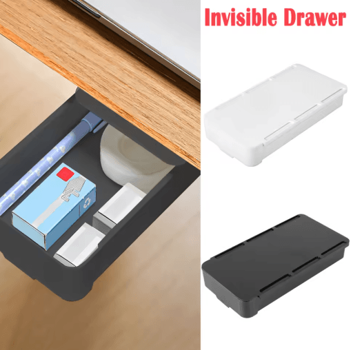 Self Stick Under Desk Drawer Organizer Hidden Storage Tray black Trumpet