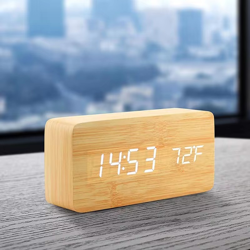 Wooden LED Digital Alarm Clock With Temperature Display For Bedroom & Office Decor bamboo