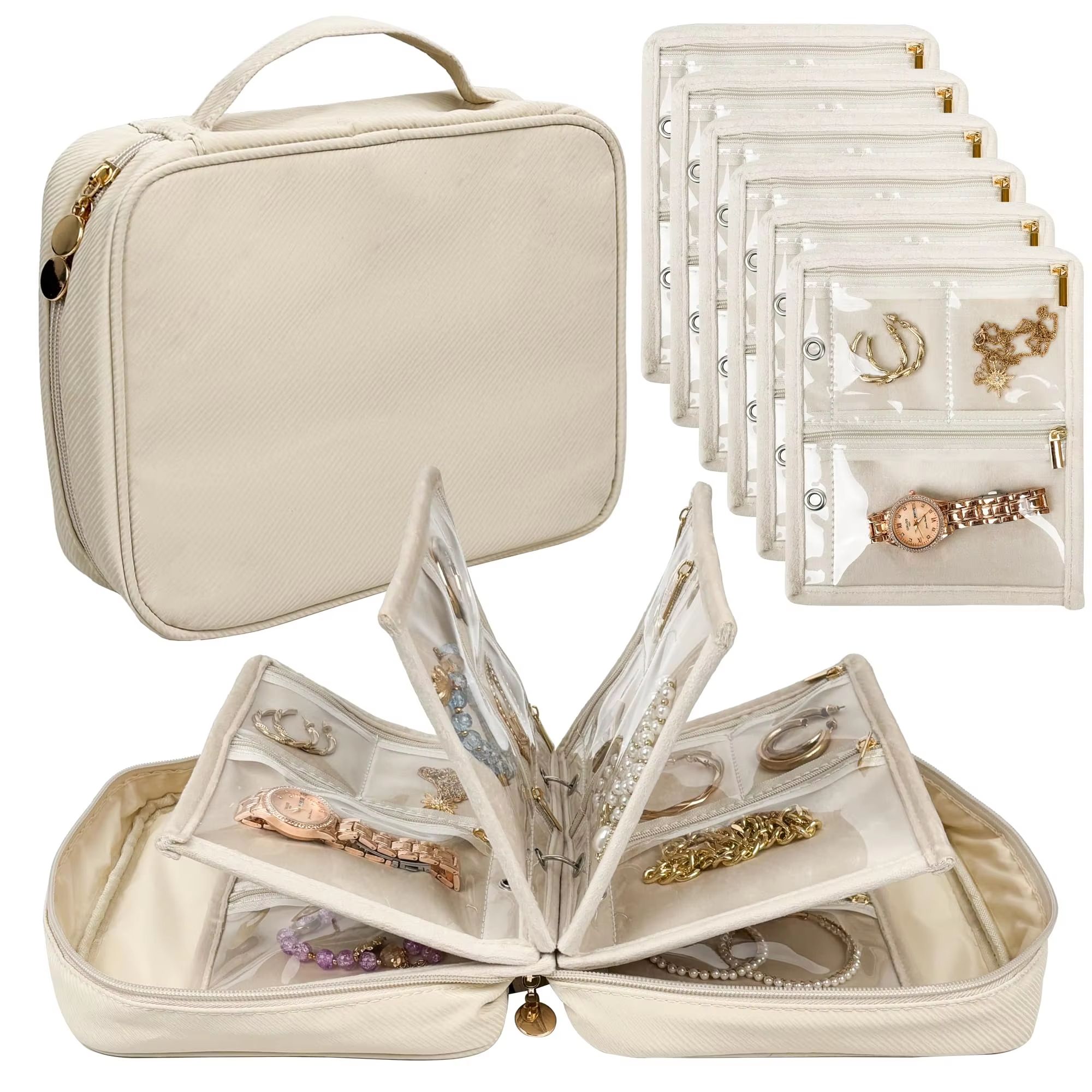 Travel Jewelry Organizer Book Binder With Clear Zipper Pouches And Velvet Pouch Set beige