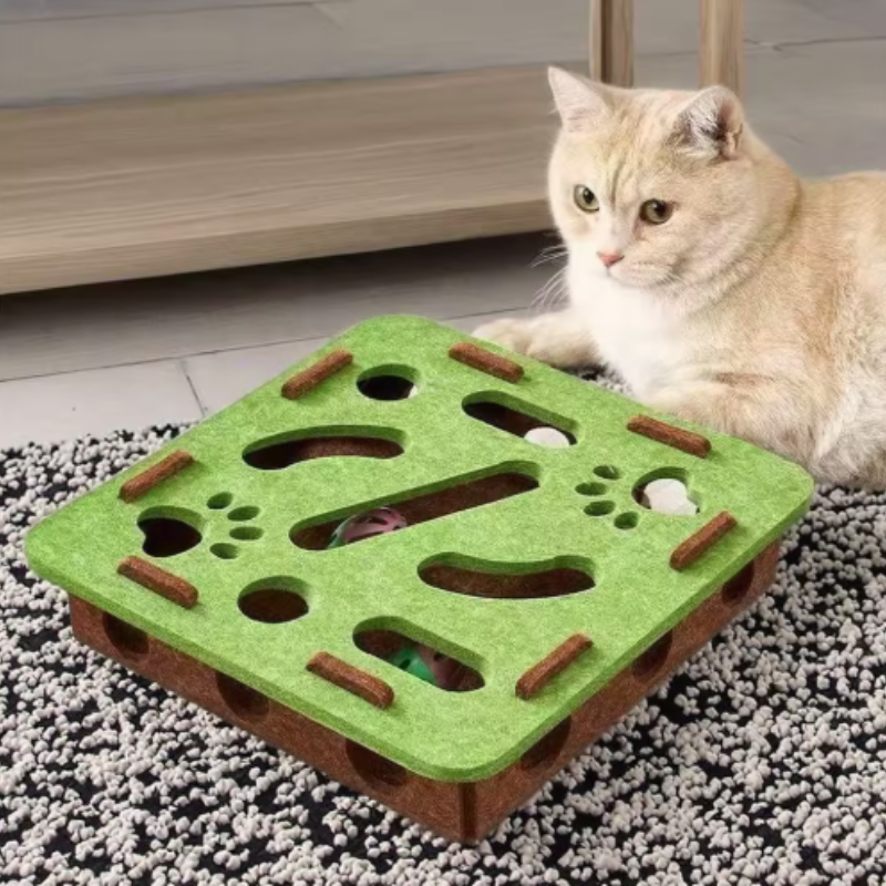 Interactive Cat Puzzle Toy Felt Cat Play Box With Bell Ball green Round