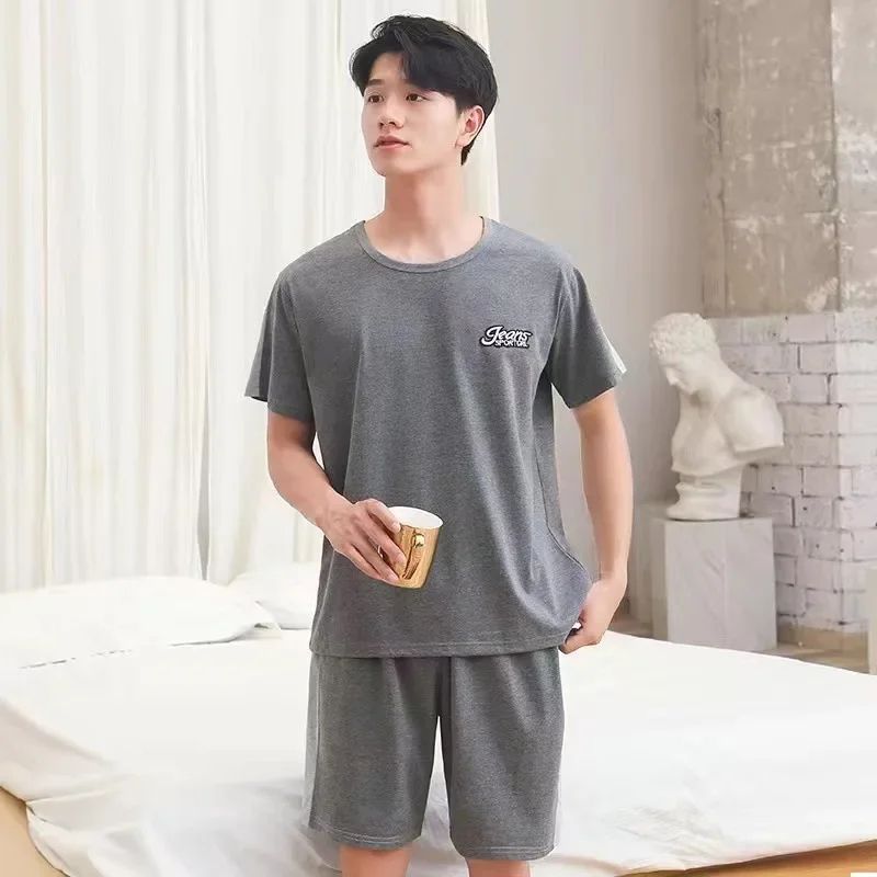 Mens Breathable Cotton Pajama Set Striped Short Sleeve & Shorts Summer Loungewear b 2xl(70 80kg)