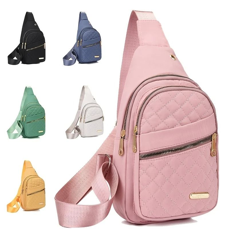 Lightweight Quilted Chest Bag Foldable Crossbody Shoulder Tote pink